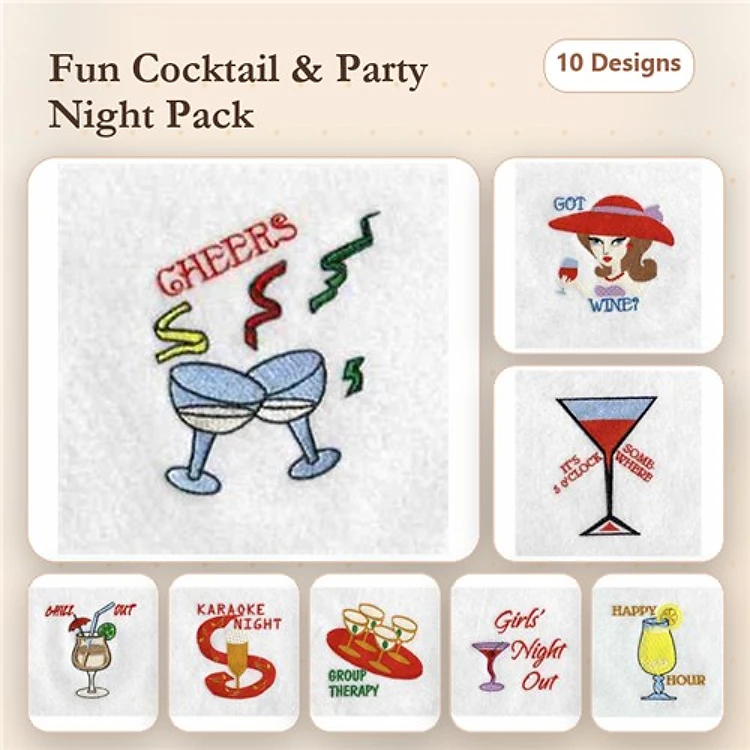 Cocktail & Party Embroidery Designs Bundle – Cheers Cocktail Glass, Got Wine?, Happy Hour Cocktail & More (10 Designs)