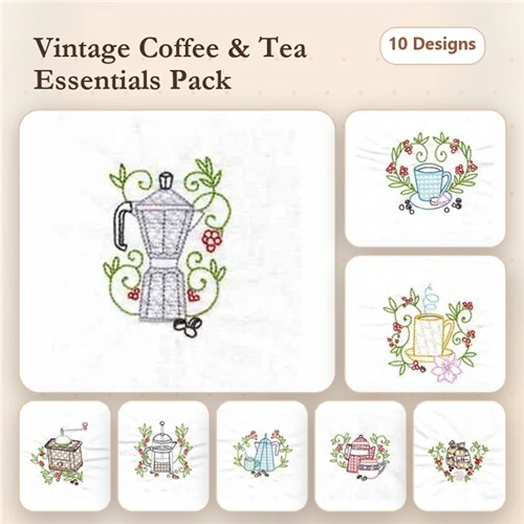 Vintage Coffee and Tea Embroidery Designs Bundle – Moka Pot, Teacup, Coffee Grinder & More (10 Designs)
