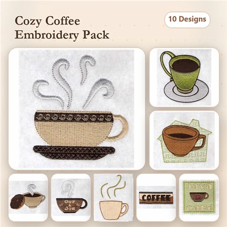 Coffee Cup & Mug Embroidery Bundle – Coffee Cup with Steam, To Go Coffee Cup, Half Full Coffee Cup & More (10 Designs)
