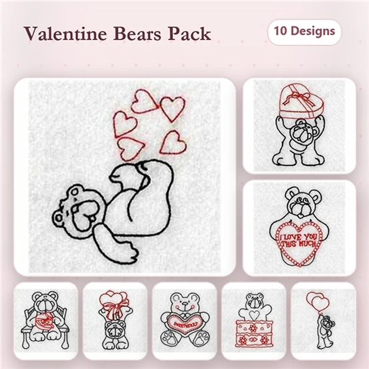 Redwork Valentine Bear Embroidery Designs Bundle – Bear with Hearts, Bear Holding Heart, & More (10 Designs)