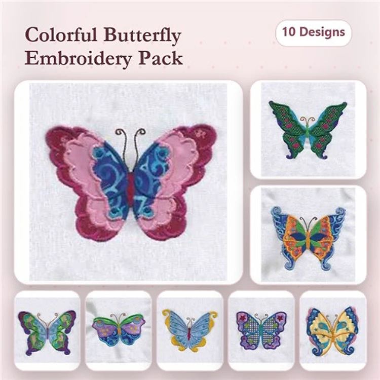 Colorful Butterflies Embroidery Designs Bundle – Butterfly with Pink and Blue Wings, Green and Purple Butterfly & More (10 Designs)