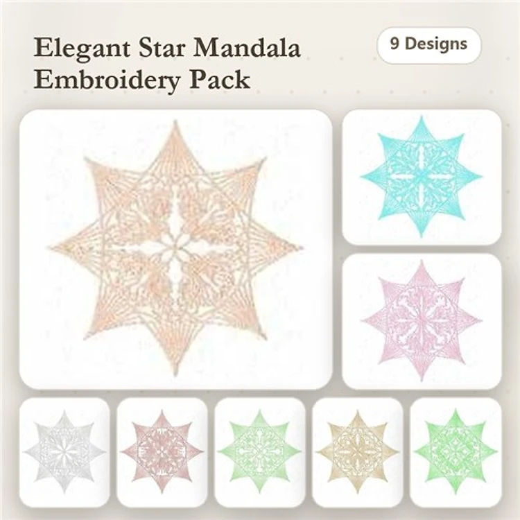 Redwork Elegant Star Mandala Embroidery Designs Bundle – Elegant Star Mandala Designs 1-9 (9 Designs)