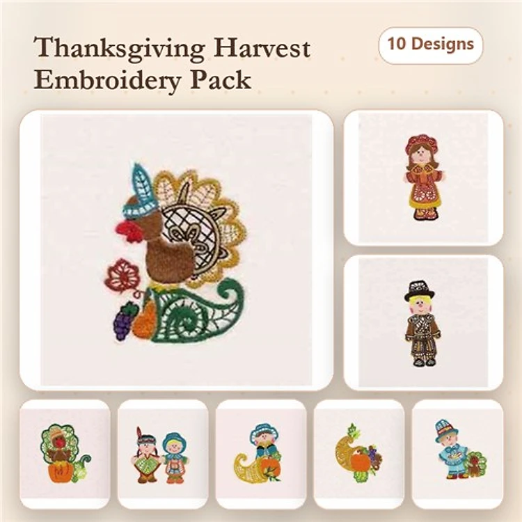 Thanksgiving Harvest Embroidery Designs Bundle – Turkey with Hat, Pilgrim Girl, Scarecrow & More (10 Designs)