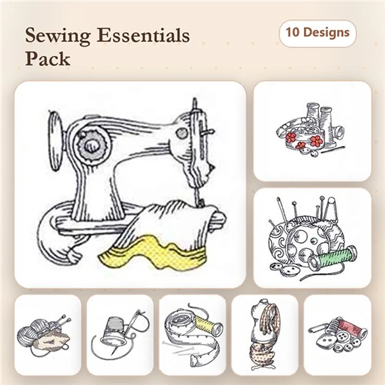 Redwork Sewing Essentials Embroidery Designs Bundle – Sewing Machine, Scissors, Thread Spool & More (10 Designs)