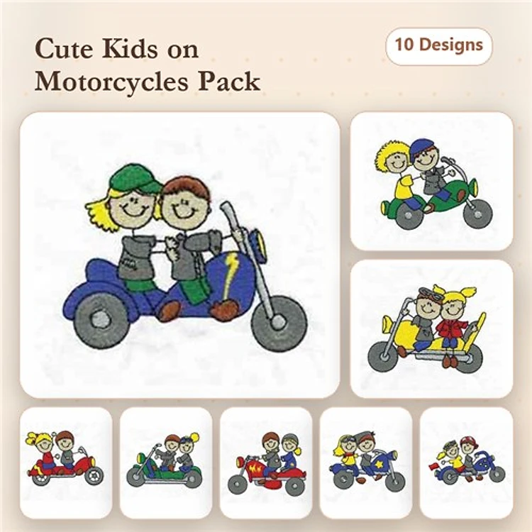 Kids on Motorcycles Embroidery Designs Bundle – Girl on Motorcycle, Boy with Glasses, Two Kids & More (10 Designs)