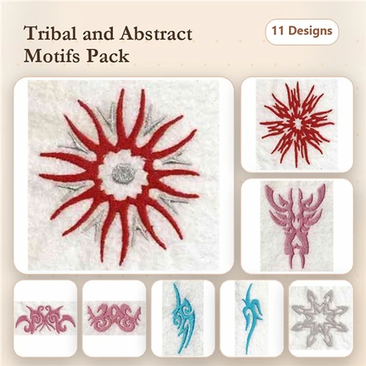 Tribal and Abstract Motifs Embroidery Designs Bundle – Tribal Sunburst, Abstract Floral, Stylized Tribal Design & More (11 Designs)