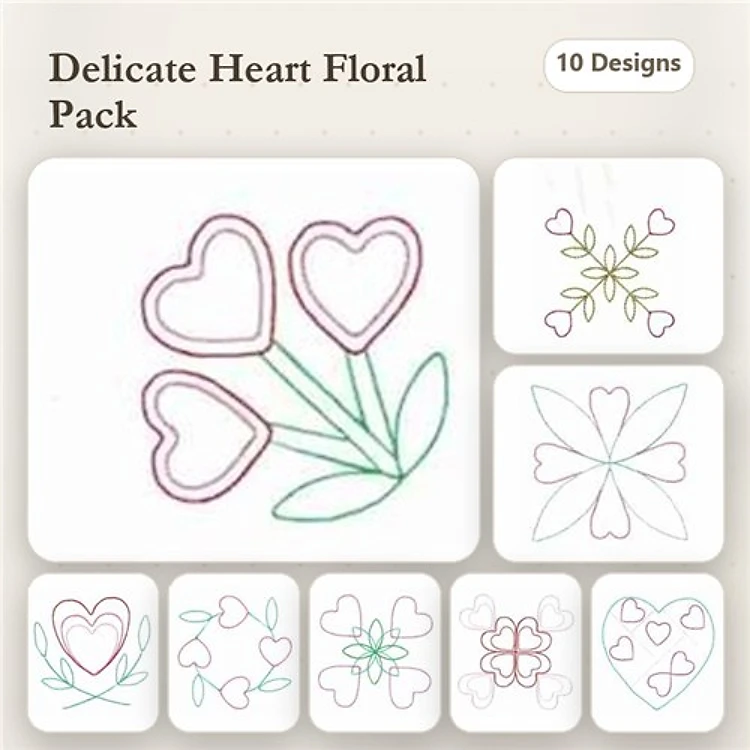 Redwork Hearts & Floral Embroidery Designs Bundle – Heart with Flowers, Outline Heart Bouquet & More (10 Designs)