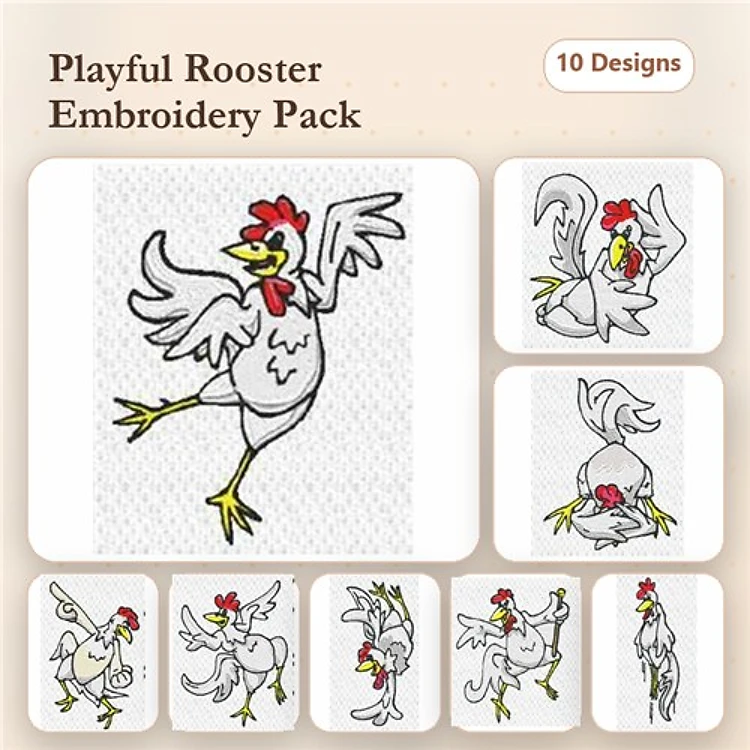 Farm Animal Embroidery Bundle – Dancing Rooster, Rooster with Wings Spread, Funny Rooster & More (10 Designs)