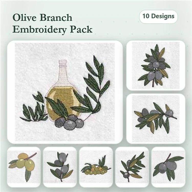 Olive Branch & Oil Embroidery Designs Bundle – Olive Oil Bottle, Olive Branch with Black Olives & More (10 Designs)