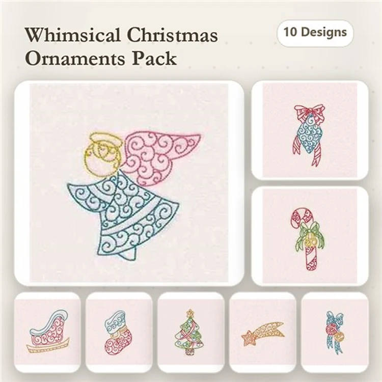 Redwork Christmas Ornament Embroidery Designs Bundle – Angel, Bird, Candy Cane & More (10 Designs)