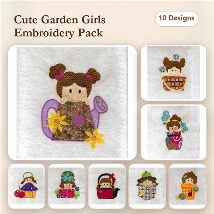 Applique Garden Girl Embroidery Bundle – Watering Can, Flower Basket, Gardening Girl & More (10 Designs)