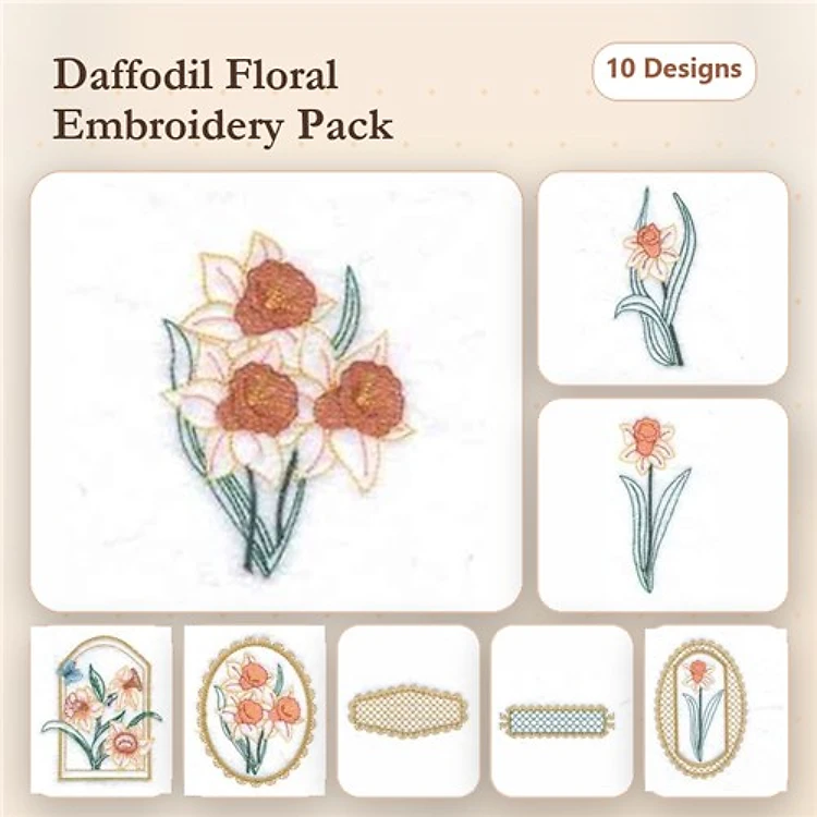Floral Daffodil Embroidery Bundle – Daffodil Bouquet, Daffodil Stem, & More (10 Designs)