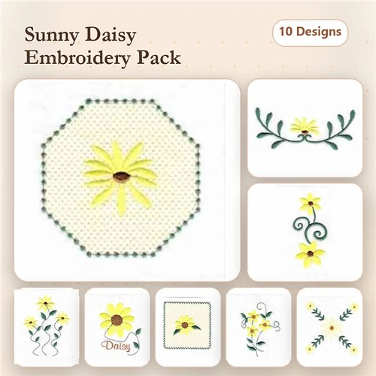 Floral Embroidery Designs Bundle – Sunny Daisy, Daisy with Green Leaves, Floral Swirl & More (10 Designs)