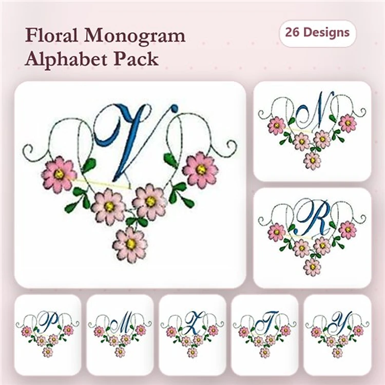 Floral Monogram Embroidery Designs Bundle – Floral Monogram A, B, C & More (26 Designs)