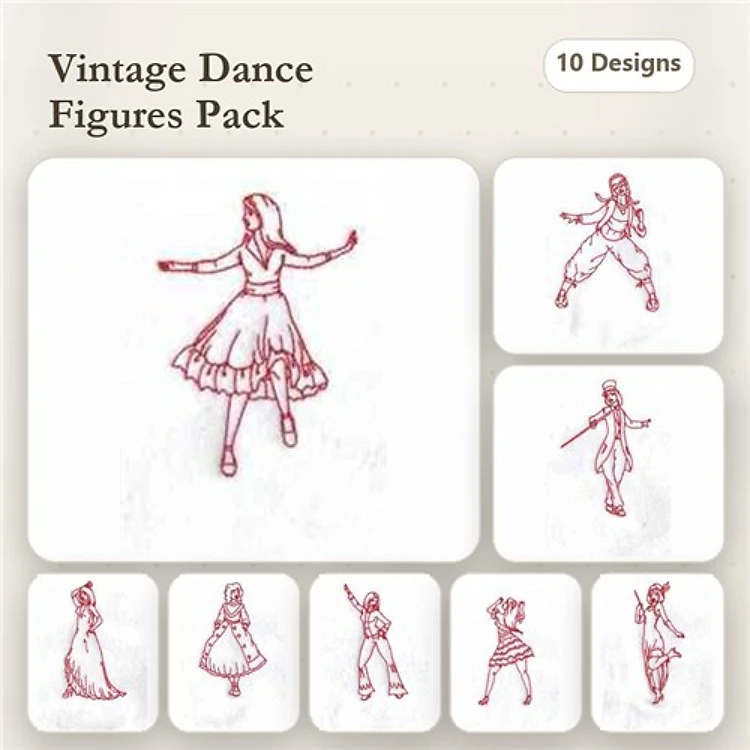 Redwork Vintage Dance Figures Embroidery Bundle – Dancing Girl in Dress, Dancer with Skirt, Ballet Dancer & More (10 Designs)