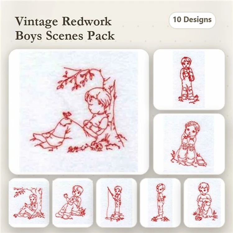 Redwork Vintage Boys Embroidery Designs Bundle – Boy with Flower, Boy Catching Fish, Boy Playing & More (10 Designs)