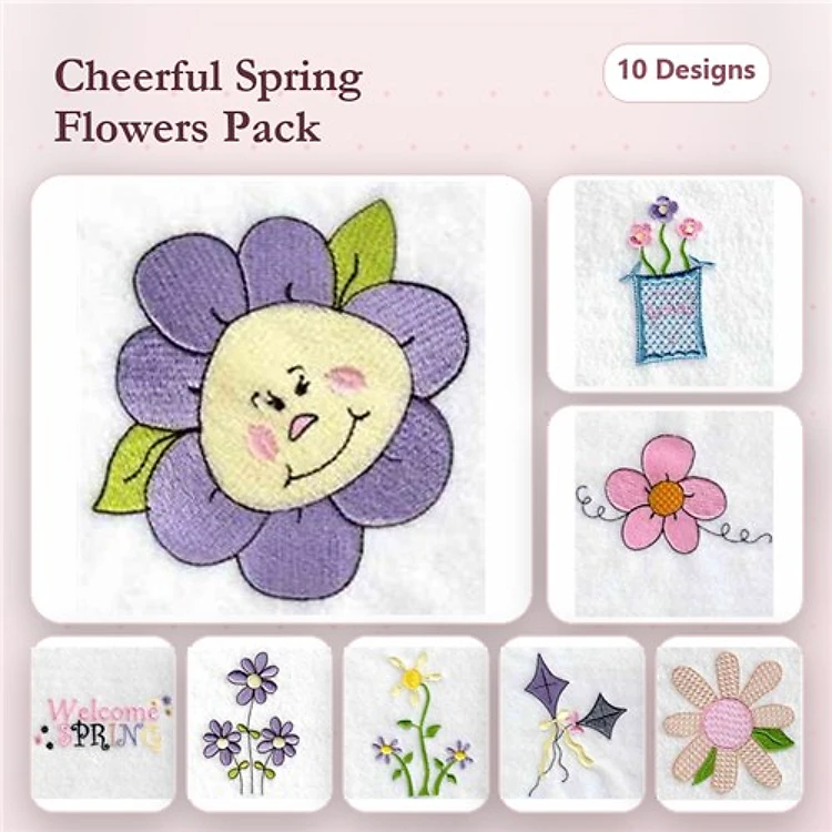 Floral Embroidery Designs Bundle – Smiling Flower, Welcome Spring Design, Blue Flower & More (10 Designs)