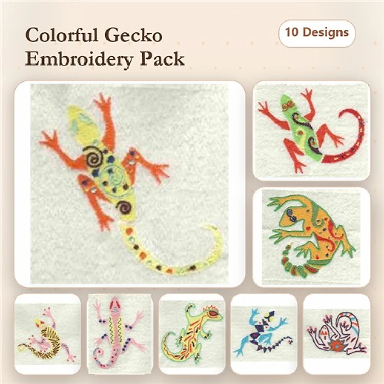 Colorful Gecko Embroidery Designs Bundle – Green Gecko with Red Accent, Colorful Spotted Gecko, & More (10 Designs)