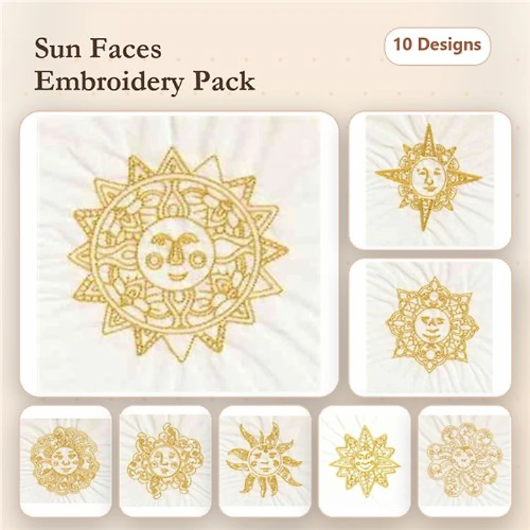 Sun Faces Embroidery Designs Bundle – Smiling Expression, Ornate Sun, Celestial Details & More (10 Designs)