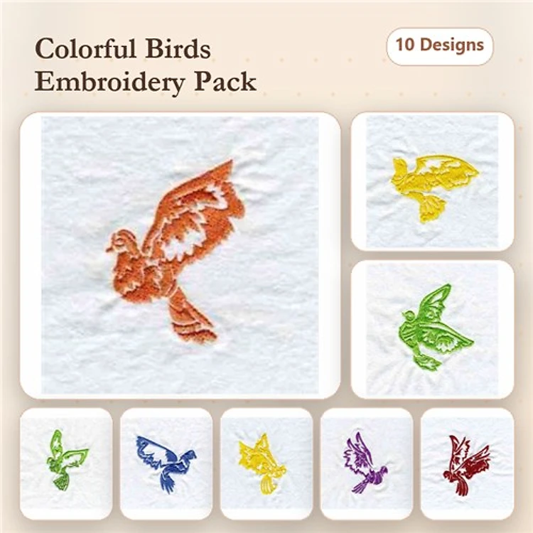 Colorful Birds Embroidery Designs Bundle – Orange, Green, Blue, Yellow & More (10 Designs)