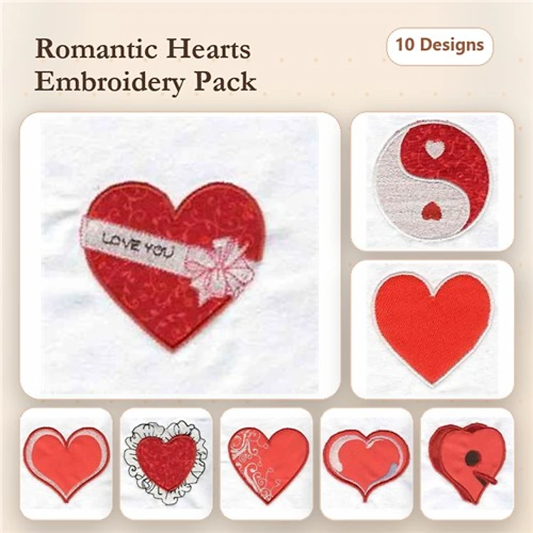 Romantic Heart Embroidery Designs Bundle – Heart with Love You, Heart with Bow, Lace Heart & More (10 Designs)