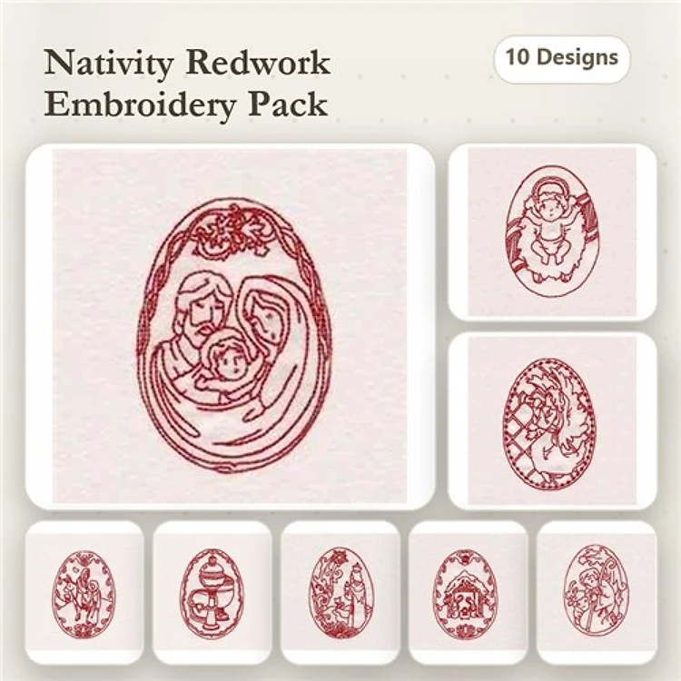 Redwork Nativity Scenes Embroidery Designs Bundle – Nativity Family, Mary and Baby Jesus, Joseph & More (10 Designs)