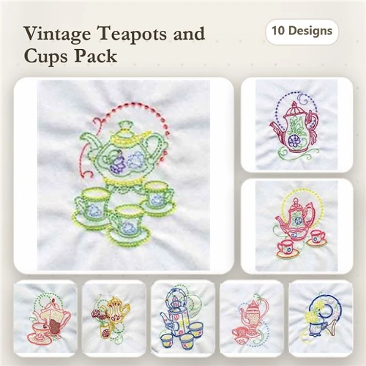 Redwork Teapot & Teacup Embroidery Designs Bundle – Teapot with Cups, Decorative Teapot, Teacup with Saucer & More (10 Designs)