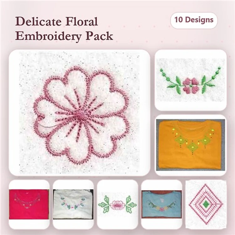 Floral Embroidery Designs Bundle – Pink Floral, Green Vine with Flowers, Floral Necklace & More (10 Designs)