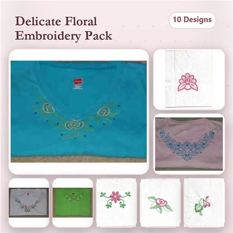 Floral Embroidery Designs Bundle – Floral Neckline, Rose Design, Flower Bouquet & More (10 Designs)
