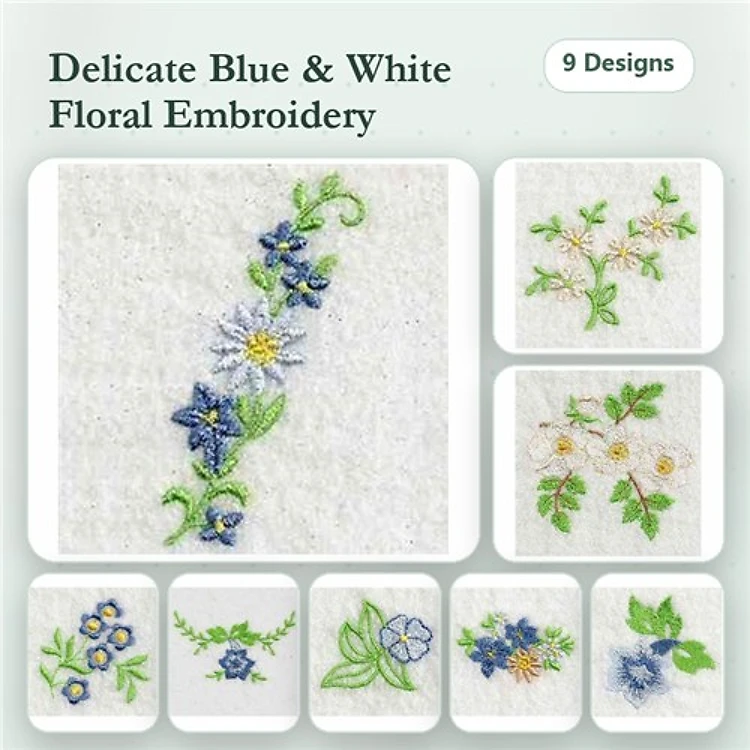 Floral Embroidery Bundle – Blue Flower Cluster, White Daisy, Floral Vine & More (9 Designs)