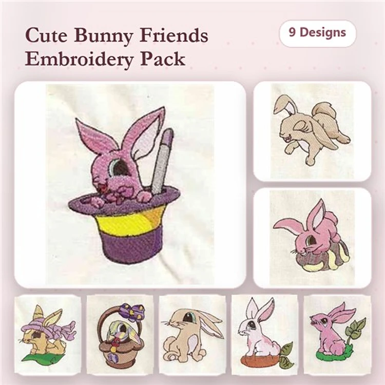 Bunny Embroidery Designs Bundle – Bunny in a Top Hat, Bunny with a Basket, Bunny with a Flower & More (9 Designs)