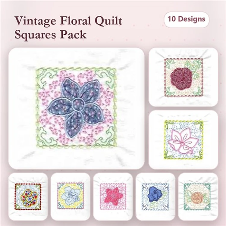 Applique Vintage Floral Quilt Embroidery Designs Bundle – Blue Floral Square, Pink Floral Square, Red Rose Square & More (10 Designs)
