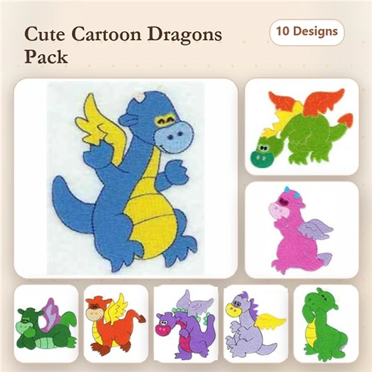 Cartoon Dragons Embroidery Designs Bundle – Blue, Green, Red, & More (10 Designs)
