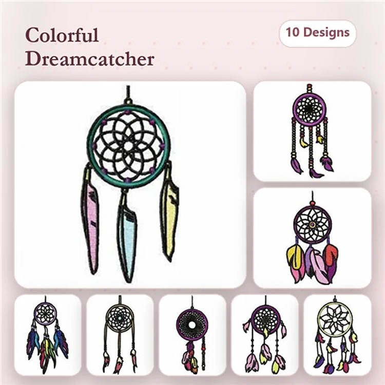 Colorful Dreamcatchers Embroidery Designs Bundle – Pink & Yellow Feathers, Vertical Designs, & More (10 Designs)