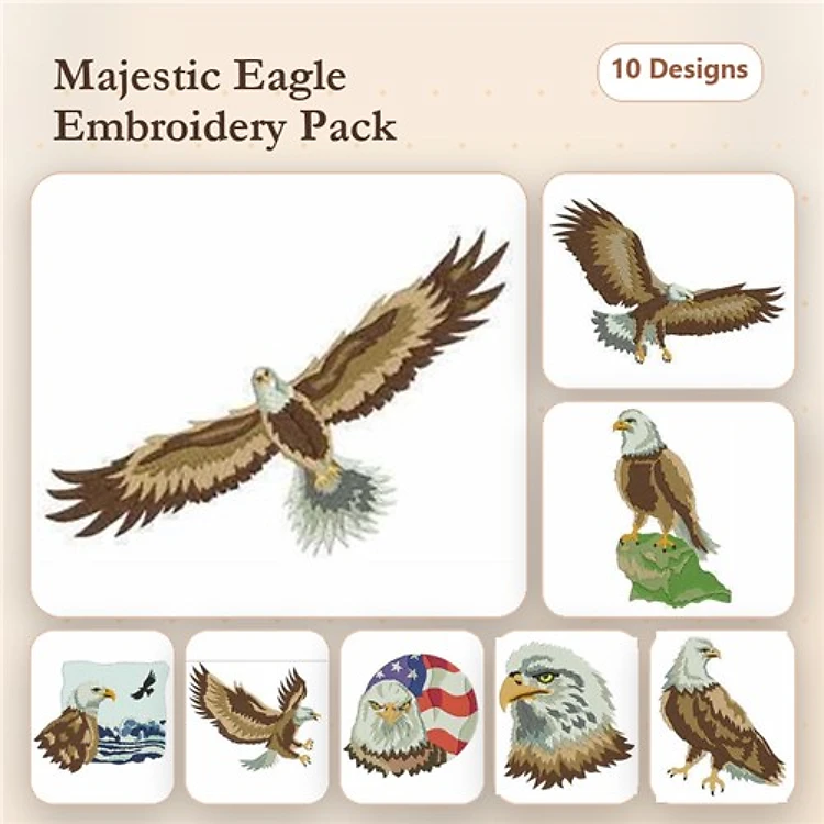 Majestic Eagles Embroidery Designs Bundle – Eagle in Flight, Bald Eagle on Rock, Eagle with Stars & More (10 Designs)