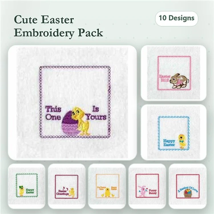 Easter-themed Embroidery Designs Bundle – Easter Egg with Dog, Happy Easter with Bunny, Chick with Egg & More (10 Designs)