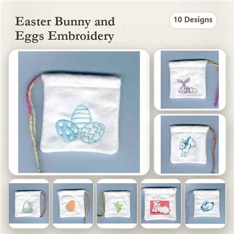 Easter Bunny & Eggs Embroidery Designs Bundle – Cute Bunny, Colorful Egg, Bunny with Carrot & More (10 Designs)