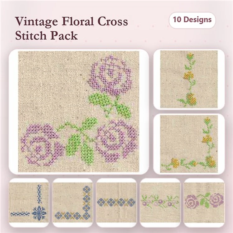 Cross Stitch Vintage Floral Embroidery Designs Bundle – Purple Rose, Yellow Flower, Floral Corner & More (10 Designs)