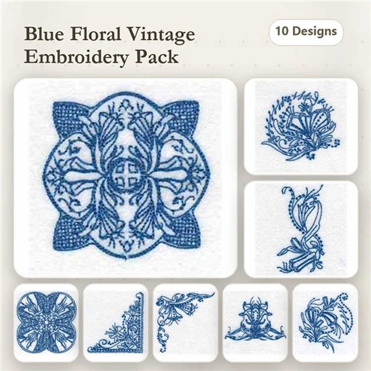 Redwork Blue Floral Embroidery Bundle – Floral Circle, Ornate Floral, Vintage Arrangement & More (10 Designs)