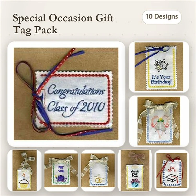 ITH Gift Tag Embroidery Designs Bundle – Congratulations Class of 2010, Happy Birthday, Wedding Bells & More (10 Designs)