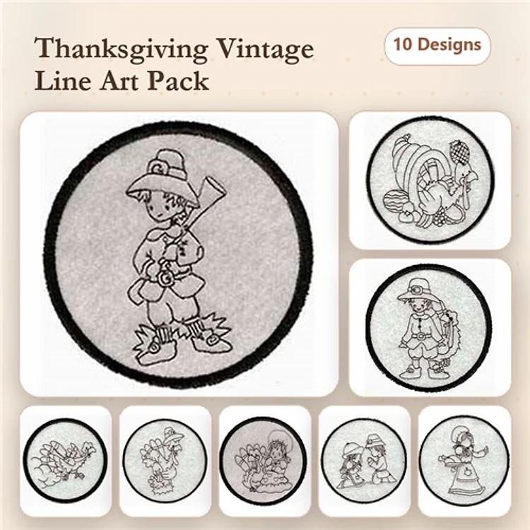 Redwork Thanksgiving Vintage Line Art Embroidery Bundle – Pilgrim Boy, Turkey, Cornucopia & More (10 Designs)
