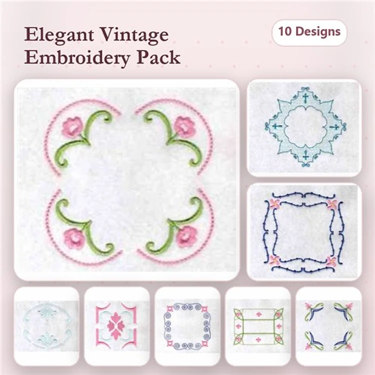Elegant Vintage Embroidery Designs Bundle – Floral Square, Geometric Star, Floral Frame & More (10 Designs)