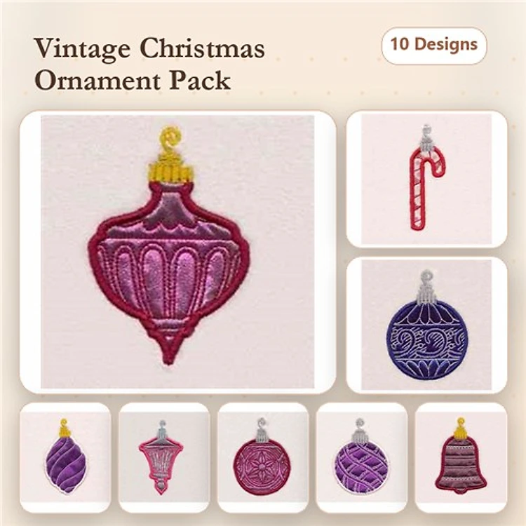 Applique Vintage Christmas Ornaments Embroidery Designs Bundle – Ornament with Yellow Top, Candy Cane, Purple Ornament & More (10 Designs)