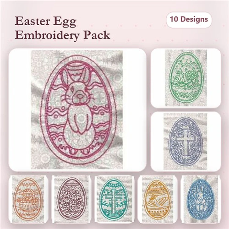 Redwork Easter Egg Embroidery Designs Bundle – Bunny, Cross, Flowers & More (10 Designs)