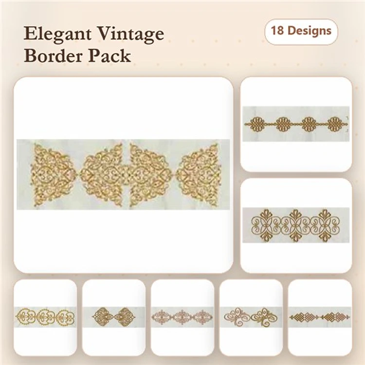 Elegant Vintage Borders Embroidery Designs Bundle – Ornate Vintage Border 1, Floral Vintage Border, Curved Vintage Border & More (18 Designs)