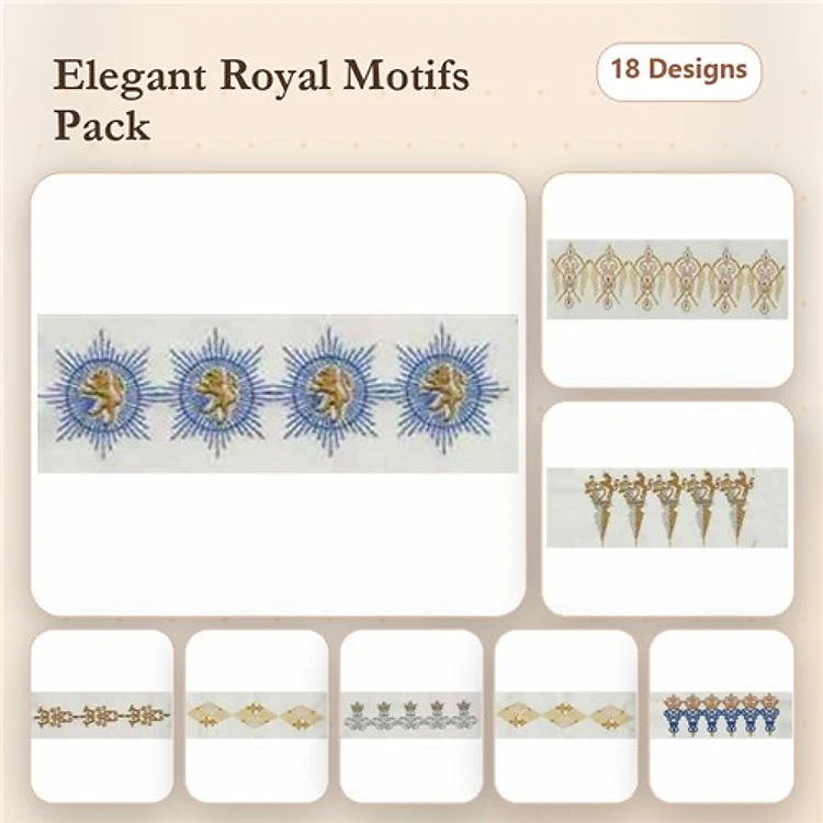 Elegant Royal Motifs Embroidery Designs Bundle – Sunburst, Floral Borders, Classic Crown & More (18 Designs)
