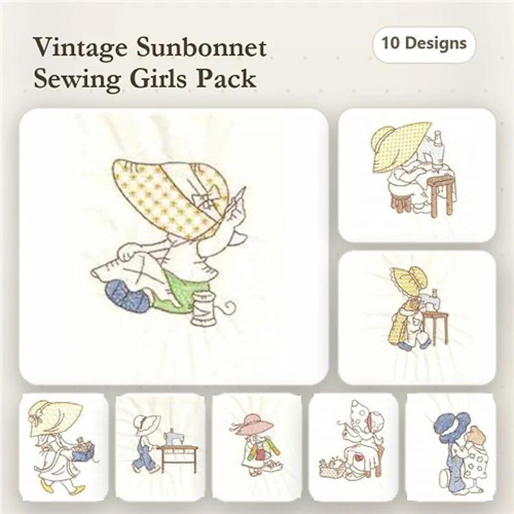 Redwork Sewing Girls Embroidery Bundle – Sewing Girl with Hat, Sewing Girl with Needle, Sewing Girl at Table & More (10 Designs)
