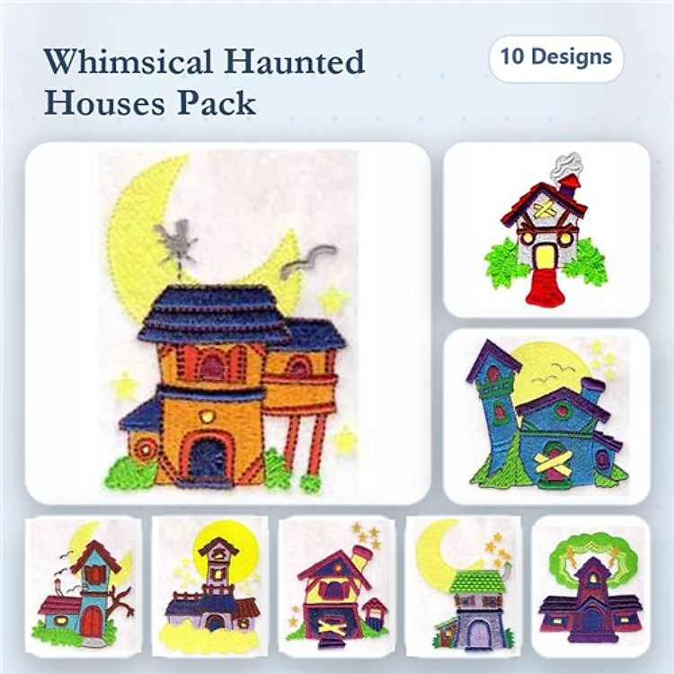 Haunted Houses Embroidery Designs Bundle – Haunted House with Moon, Whimsical House 1, Spooky House & More (10 Designs)