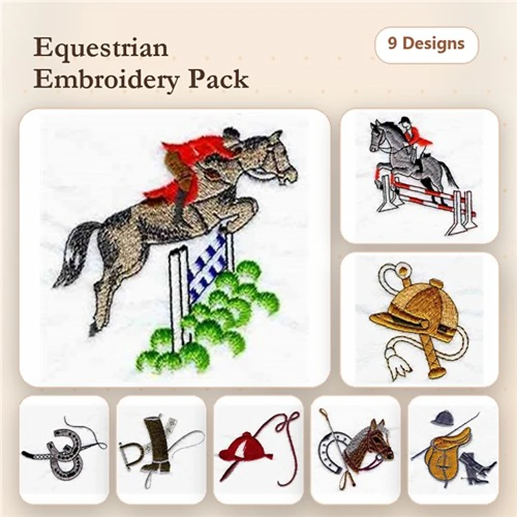 Equestrian Embroidery Designs Bundle – Horse Jumping, Rider on Horse, Saddles & More (9 Designs)