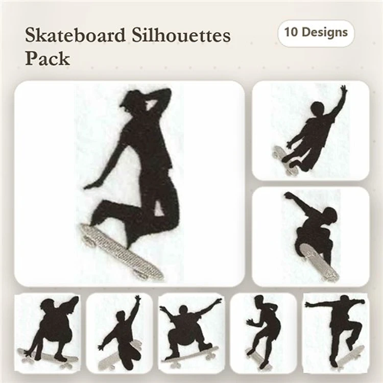 Skateboarder Silhouettes Embroidery Designs Bundle – Jumping, Mid-Air, Action Pose & More (10 Designs)